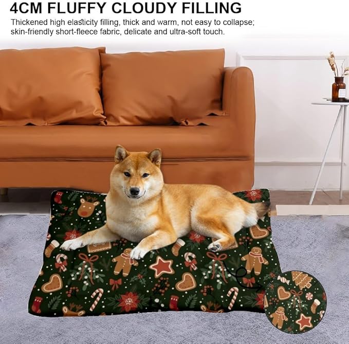 Festive Christmas Cookie Print Dog Bed Mat Washable Dog Bed Mat Pet Travel Unique Non- Slip Bottom Room Furniture Multi- Scenario Pet Mats Gift Printed Crate 24× 18 Inch
