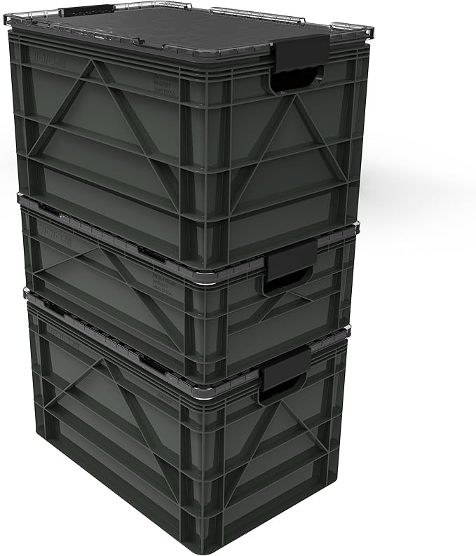 SIDIO CRATE Pro Pack - Two Full Size and One Half Size Heavy Duty Stackable Storage Bins, Totes and Containers with Lids and Dividers - Durable Organizer for Home, Office, Garage, and Outdoor Use
