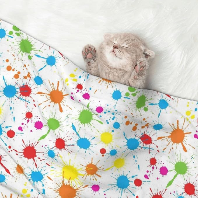 Two Sided Plush Pet Blanket for Crates Carriers Home Use, Paint Splatter Colorful, Reversible Throw with Cozy Dot Fabric and Silky Reverse for Small Large Pets