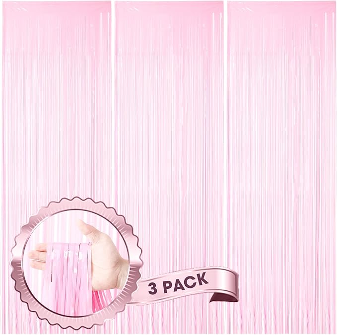 3 Pack 3.3 x 8.2 ft Pasel Pink Foil Fringe Backdrop Curtains, Tinsel Streamers Birthday Party Decorations, Fringe Backdrop for Graduation, Baby Shower, Gender Reveal, Disco Party