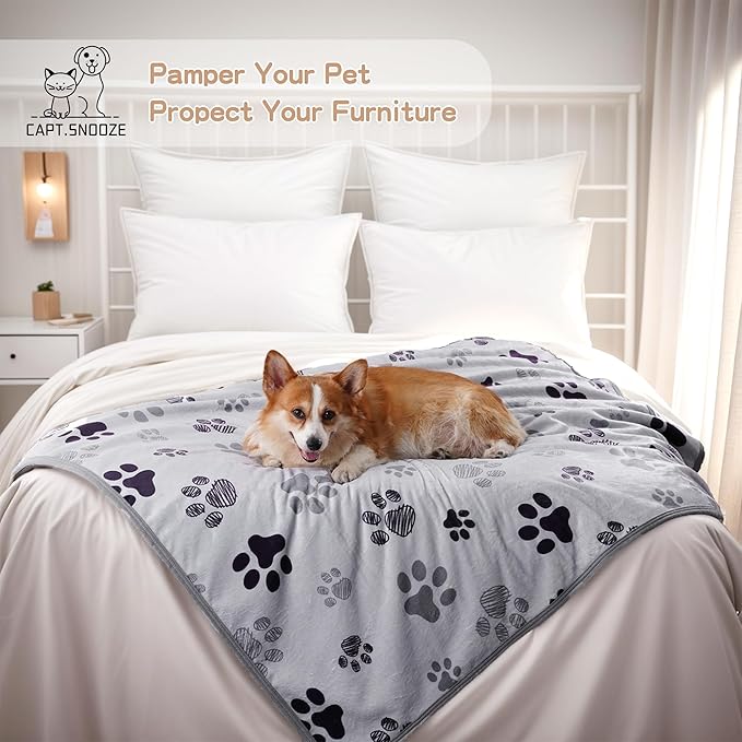 Waterproof Dog Blankets, 30"x40" Cat Blanket for Indoor Cats, Soft Fluffy Sofa Car Bed Protector, Reversible Sherpa Fleece Puppy Blanket for Small Medium Dogs (Light Grey-Paws)