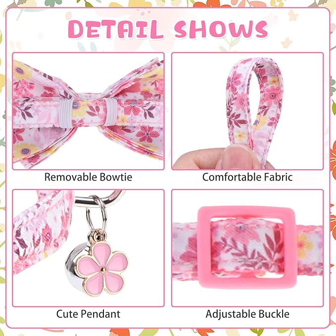KOOLTAIL Spring Cat Collar with Bow Tie and Bell - 3 Pack Cute Cat Collars Breakaway with Flower & Bee Pattern, Adjustable Fancy Kitten Collar with Safety Buckle for Girls Boys Kitty