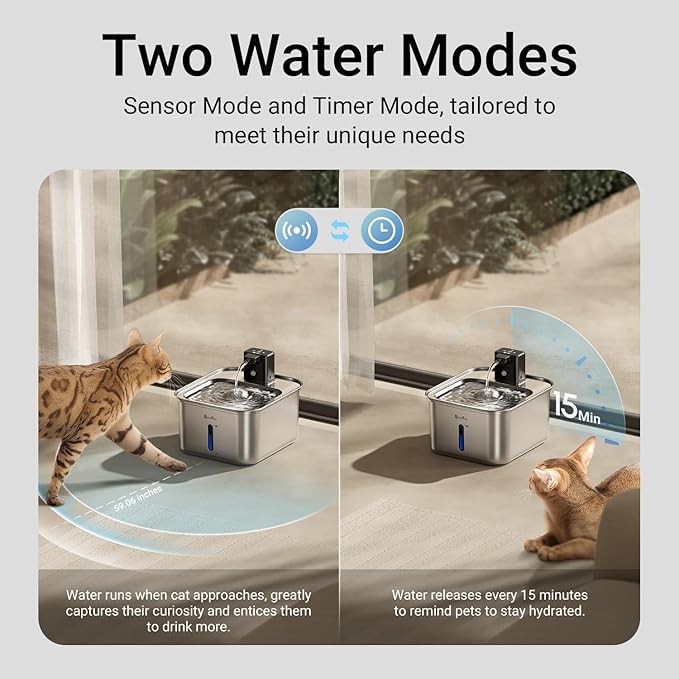 DownyPaws Cat Water Fountain Stainless Steel Wireless, 101 oz/3L FurSink Cordless Water Fountain for Cats, Battery Operated Cat Fountains for Drinking with Motion Sensor, Easy Clean, Metal & 6 Filters