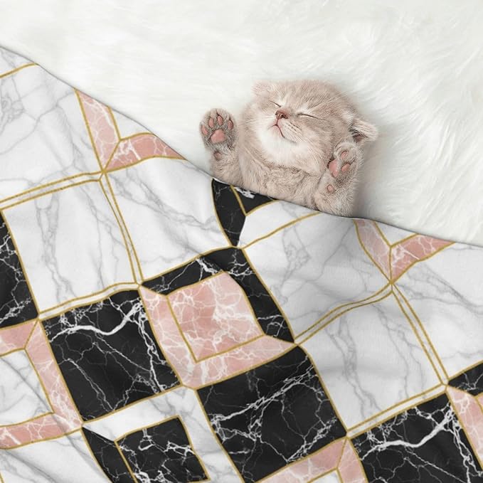 Double Sided Pet Mat for Dog Bed Topper Cat Blanket Furniture Protector, Pink Marble Cubes, Reversible Plush with Tactile Dot Pattern for Style Change