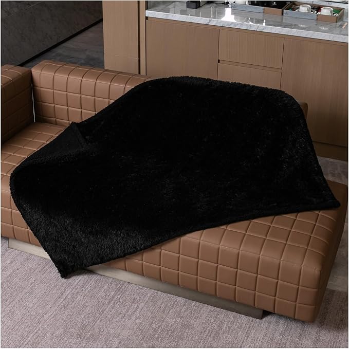 Waterproof Dog Blanket Black Calming Dogs Fluffy Long Faux Fur Pet Throw Blankets for Couch Protector Love Puppy Cat Bed Cover Washable(Black,XL-85x57in)