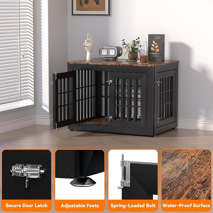 38" Heavy Duty Dog Crate Furniture for Small,Medium and Large Dogs,Rustic Wooden Dog Cage Kennel Indoor Furniture with Waterproof Top,Decorative Pet House Side End Table (Black & Wood)