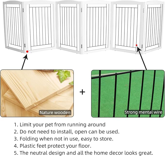 ZJSF Freestanding Foldable Dog Gate Wooden Extra Wide White Puppy Gate 6 Panels Tall Pet Gates for The House Dog Fence