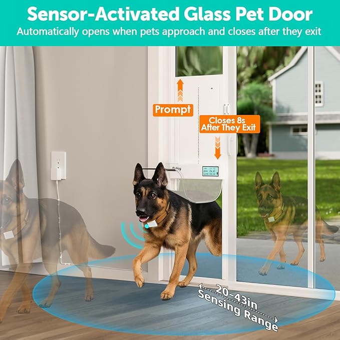 Automatic Sliding Glass Dog Door with Collar Sensor，X-Large Electric Doggy Door for Sliding Glass Doors, Adjustable 76" to 80-11/16" Slider Height, Anti-Pinch, Fits XLarge Dogs Up to 220 Lbs (XL)