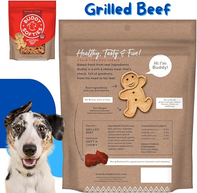 Buddy Biscuits Dog Treats Variety Pack - 6oz Softies Includes Chicken, Bacon & Cheese, Peanut Butter & 5oz Grain Free Grilled Beef - With Dog Toy Rope