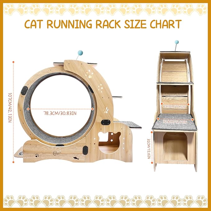 Cat Running Wheel,Cat Treadmill for Indoor Cats,Exercise Wheel Wood Climbing Frame,55''Oversized Roller Indoor Activity Center,Large (6-in-1)