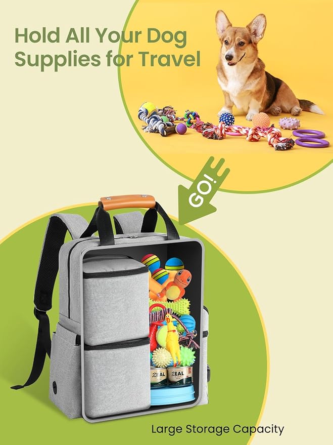 Dog Travel Bag All-in-One Set: DELOMO 25L Airline Approved Dog Travel Backpack with 2 Food Containers + 2 Collapsible Bowls + 1 Waterproof Mat for Weekend to Week-Long Pet Travel, Camping, Road Trips