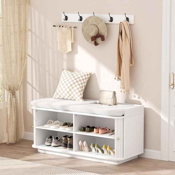 Hall Tree with Bench and Shoe Storage, Entryway Bench with Sliding Door Cabinet