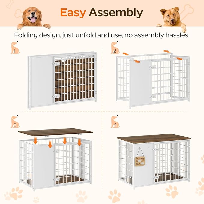 Foldable Dog Crate Furniture, Dog Crate with DIY Frame, Heavy Duty Dog Kennel Indoor with Hooks, Wooden Dog Cage End Table, for Small/Medium Dogs, White and Walnut DC95WH