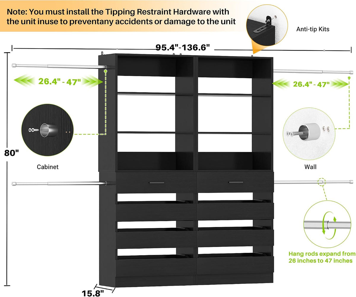 Aheaplus Closet System, 6-15Ft Custom Wood Closet Organizer with 8 Drawers