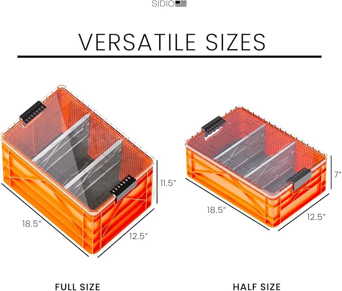 SIDIO Crate Pro Pack - 2 Full-Size & 1 Half-Size Heavy Duty Stackable Storage Bins, Totes and Containers with Lids and Dividers - Durable Plastic Organizer for Home, Office, Garage, and Outdoor Use