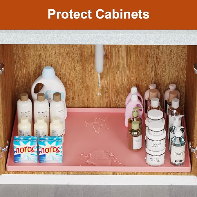 22" x 19" Extra Thick Waterproof Silicone Mat with Raised Edge, Under Sink Mat for Kitchen & Bathroom, Kitchen Cabinet Liner, Multi-Purpose for Storage & Protection, Pink
