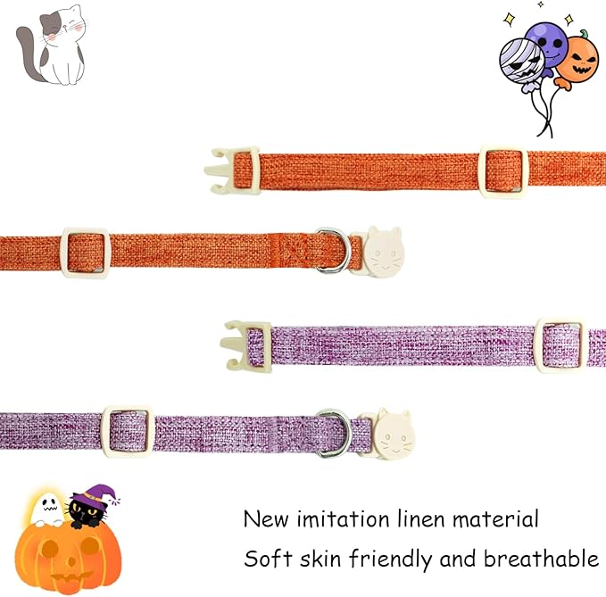 Halloween Cat Collar-2 Pack Cat Collar Orange and Purple Linnet with Kitten and Bell Pendant Safety Buckle Adjustable Pet Collar Suitable for Cats Gift to Cats and Small Pets