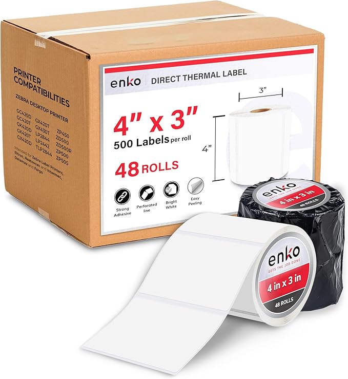 enKo 4" x 3" Labels for Zebra Desktop Printers (48 Rolls, 24,000 Labels) - Direct Thermal Address Mailing Shipping Barcode FBA Stickers FNSKU Labels for Zebra and Eltron (Perforated)