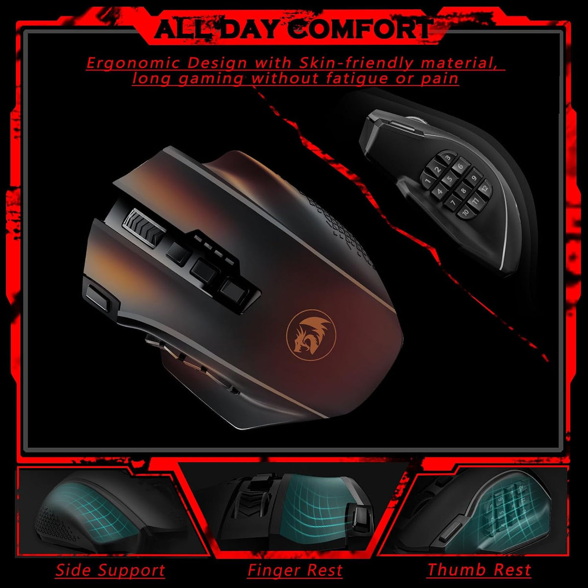 Redragon Wireless Gaming Mouse, MMO Gaming Mouse UP 16,000 DPI, 16 Macro Programmable Buttons, RGB Rechargeable with 12 Side Buttons, 70Hrs for PC Laptop MOBA FPS, M901P-KS