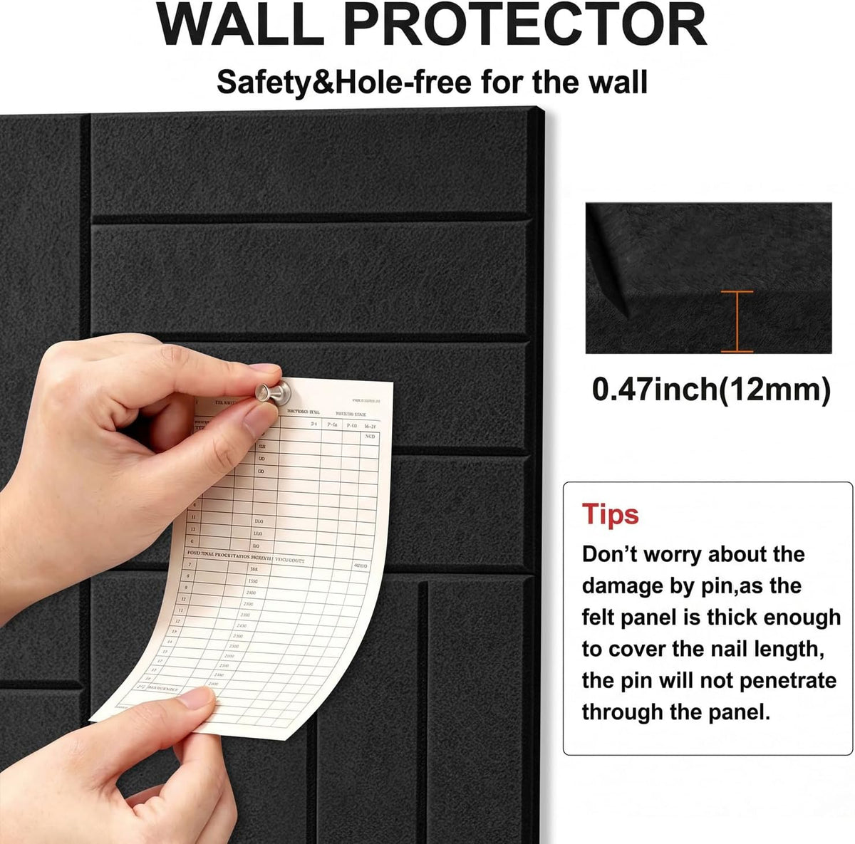 0.47" Thick Felt Wall Tiles 48"x36" Cork Board Alternative 12 Pack 11.81"x11.81"Felt Bulletin Board Pin Board with Removable Adhesive Tape&60 Pushpins for Home Office School(Bold-Black)