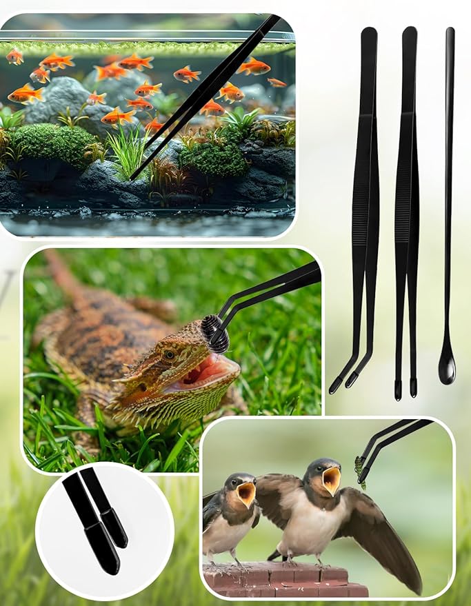 3PCS Reptile Feeding Tongs with Rubber Tips, 11.8-inch Stainless Steel Reptile Tongs and Spoon Long Feeding Tweezers for Turtles, Bearded Dragons, Geckos, Tree Frog, Tank Accessories