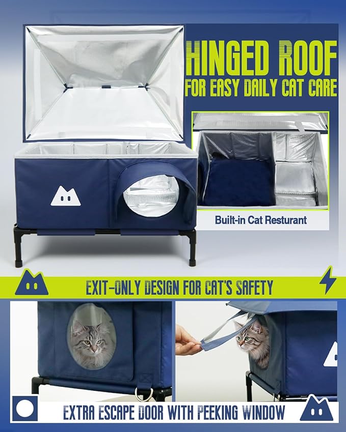 Heated Cat House for Outside Cats Winter, Large Hip Roof 100% Waterproof Outdoor Cat House, Elevated Base, Weatherproof Insulated Shelter for Stray Feral Barn Cat (Dark Blue, 28" Lx16 Wx14 H)