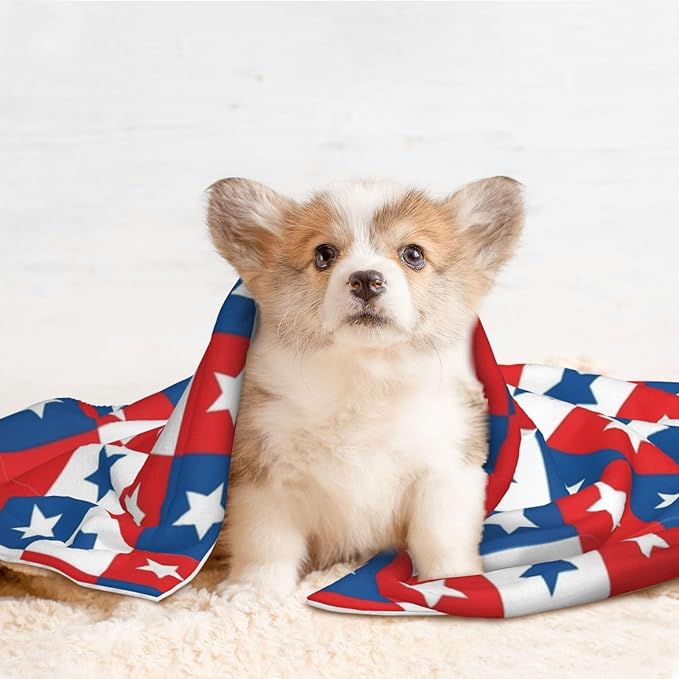 Two Sided Pet Cuddler Blanket for Anxiety Calming, American Flag Plaid Pattern, Reversible Plush Design with Bubble Dot Pattern Provides Familiar Surface Anywhere