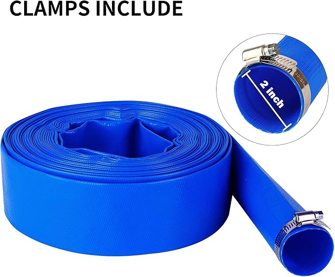 DAVCO 2" x 100 ft Pool Backwash Hose, Heavy Duty Reinforced Blue PVC Lay Flat
