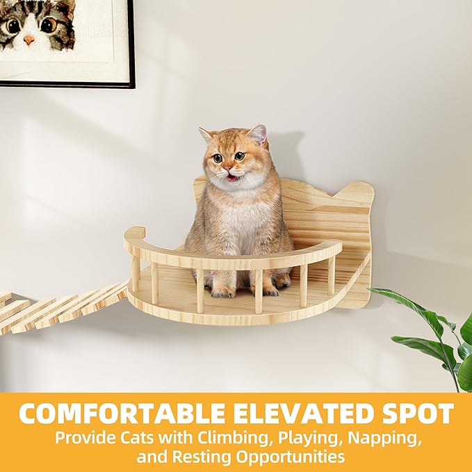 Cat Wall Shelves, 18-in-1 Solid Wood Wall-Mounted Cats Furniture Set with Scratching Post, Cat Climbing Wall Systems with 40''L Tunnel, Step, Condo, House, Bridge Ladder, Cats Shelf Furniture