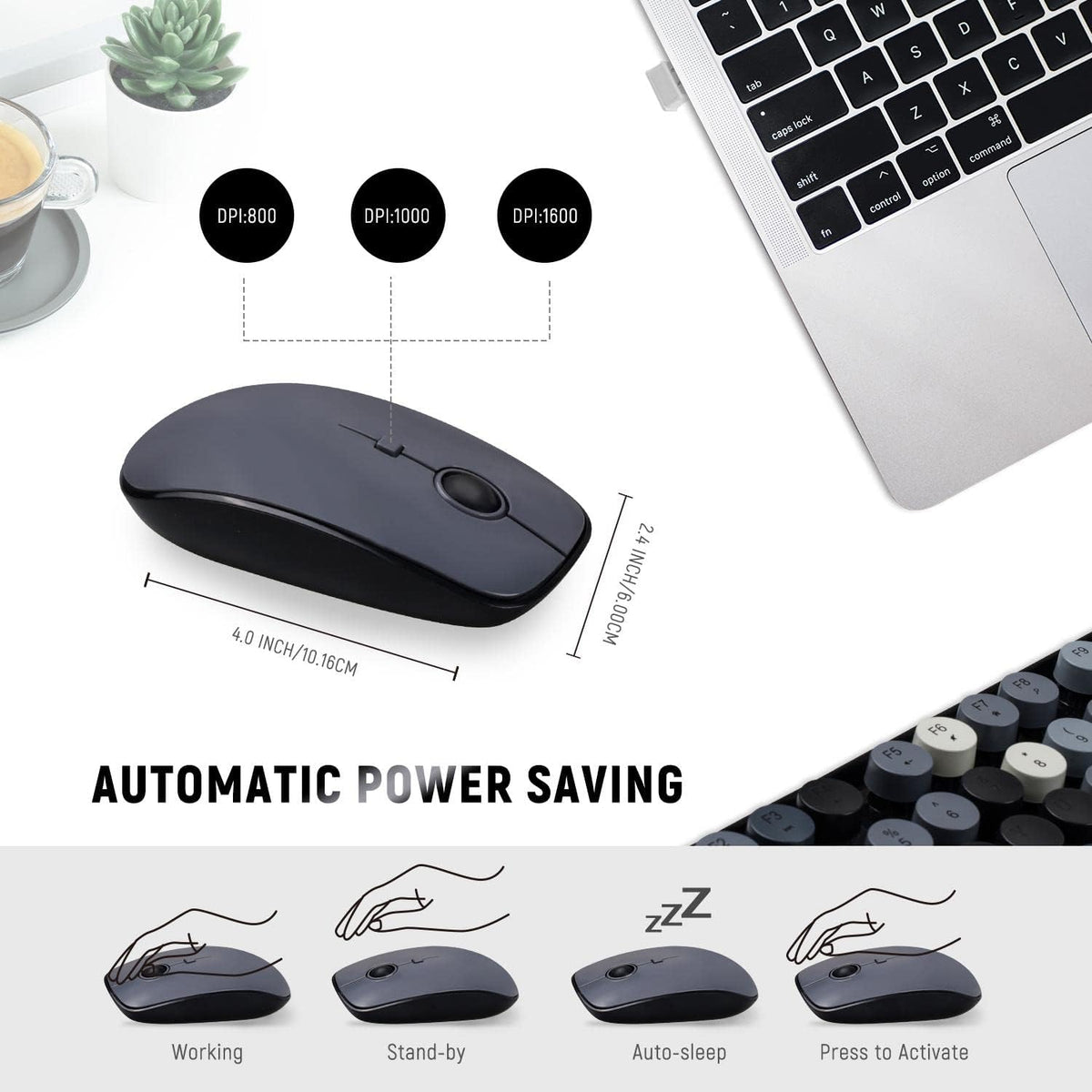 Clicky Wireless Keyboard and Mouse Combo,Retro Typewriter Style,Black Gray
