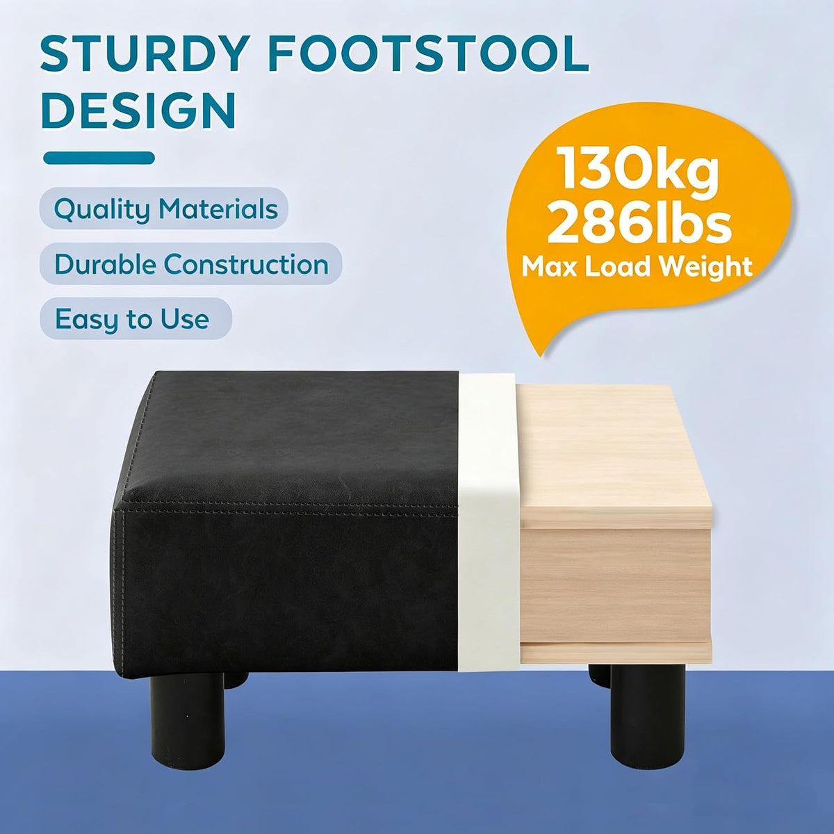 Small Foot Stool Ottoman, Faux Leather Footstool Ottoman Foot Rest for Couch, Rectangle Footstools and Ottomans Small for Living Room, Entryway and Bedroom (Black)