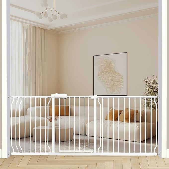 Heavy Duty Baby & Dog Safety Gate - Extra Wide 76.4-81.1 Inch, White Metal, Tension Mounted No Drilling Pet Gate for Stairs & Doorways, 30 Inch Tall