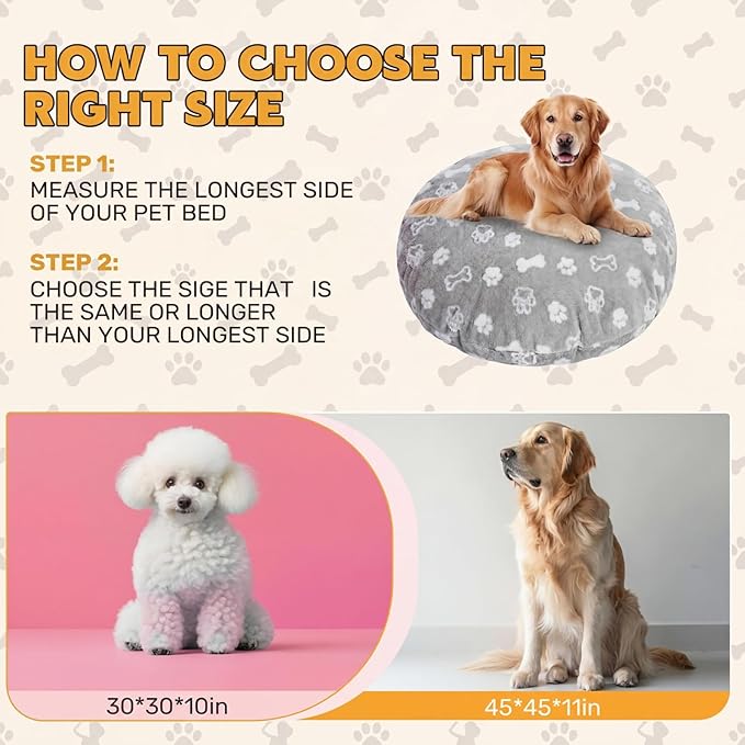Oudain Washable Round Dog Bed Cover 30 x 30 x 10 Gray Paw Bone Prints Waterproof Dog Bed Cover Replacement for Round and Donut Dogs Beds Scratch Resistant Mattress Protector