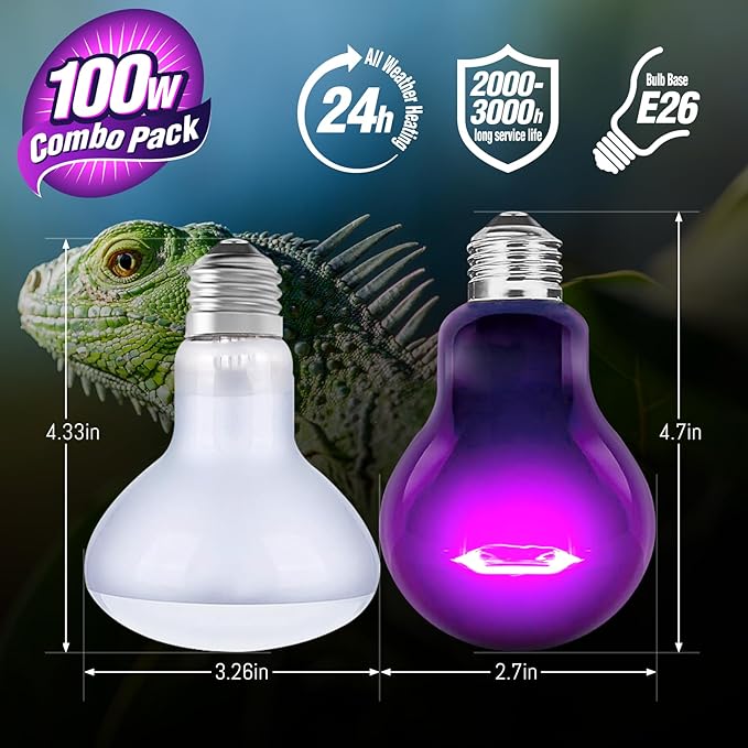 Leoterra 100W Reptile Tank Use Incandescent Night Black Heat Bulbs and 100w UVA Heat Lamp Bulbs Combo Pack E26 Base 110v Heat Lamp Bulbs for Leopard Gecko Bearded Dragon Heat lamp Long Service Life…