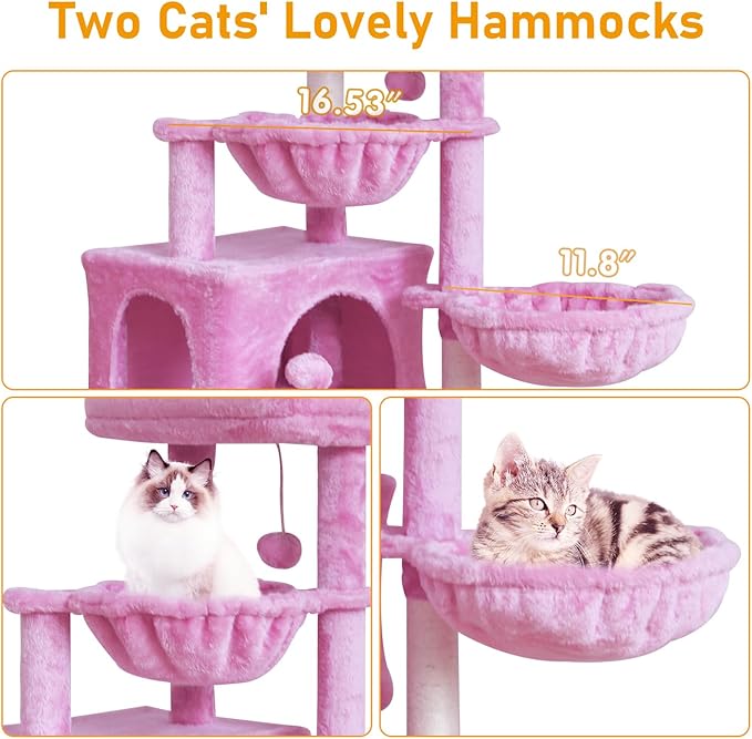 KIYUMI Cat Tree Cat Tower Condo with Sisal Scratching Post for Indoor Cats Cat Tree Cat Furniture with Hammock Perch and Kitten Ball Toys, Multi-Level Pet Activity Center Pink