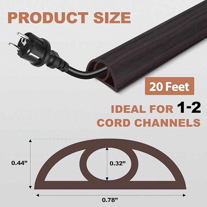 Floor Cord Cover for Wires on Floor Self Adhesive Cord Hider Floor Cable Management Wire Covers for Cords Protector Prevent Cable Trips Cord Cavity W 0.32" x H 0.32", Black Walnut, 20Ft