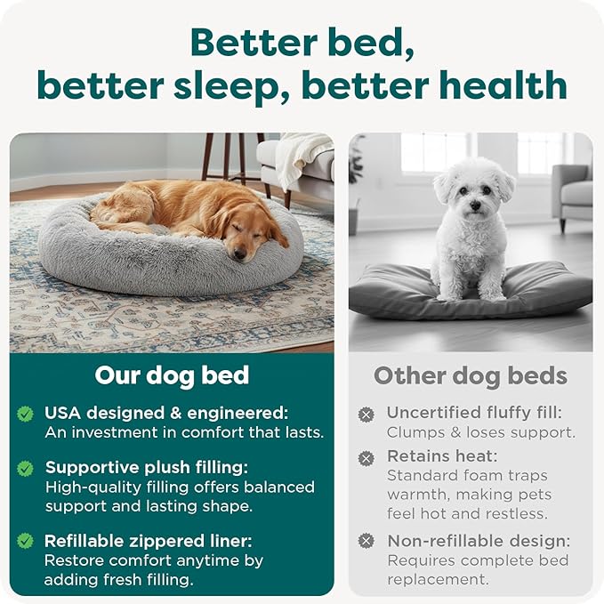 Furhaven 45" Round Calming Donut Dog Bed for Large Dogs, Refillable w/ Removable Washable Cover, For Dogs Up to 90 lbs - Shaggy Plush Long Faux Fur Donut Bed - Taupe, Jumbo/XL