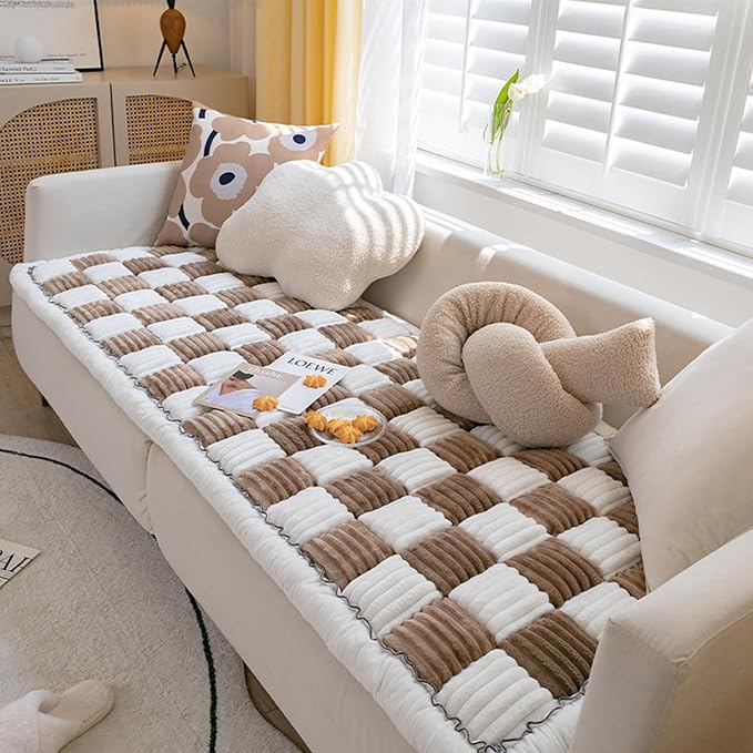 FunnyFuzzy Cream-Coloured Plaid Square Pet Mat Bed Couch Cover, Winter Thickened Dog Bed Cover Pet Blanket Sofa Couch Furniture Protector For Kids Dog Cat(Size:19.6*19.6 in,Color:Dark Brown)