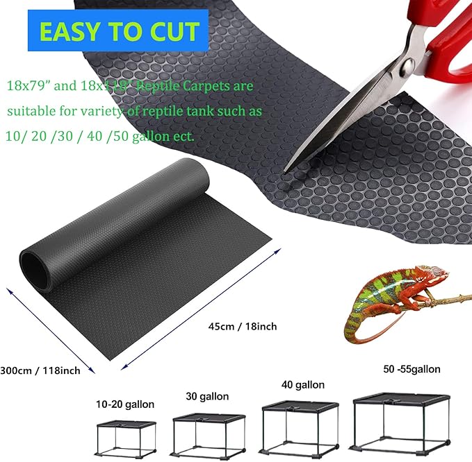 Bearded Dragon Tank Accessories, 18x118 in Large Non-Stick Reptile Carpet Substrate Terrarium Tank Liner Carpet, Waterproof Reptile Bedding Floor Mats for Snakes, Leopards, Geckos, Lizards