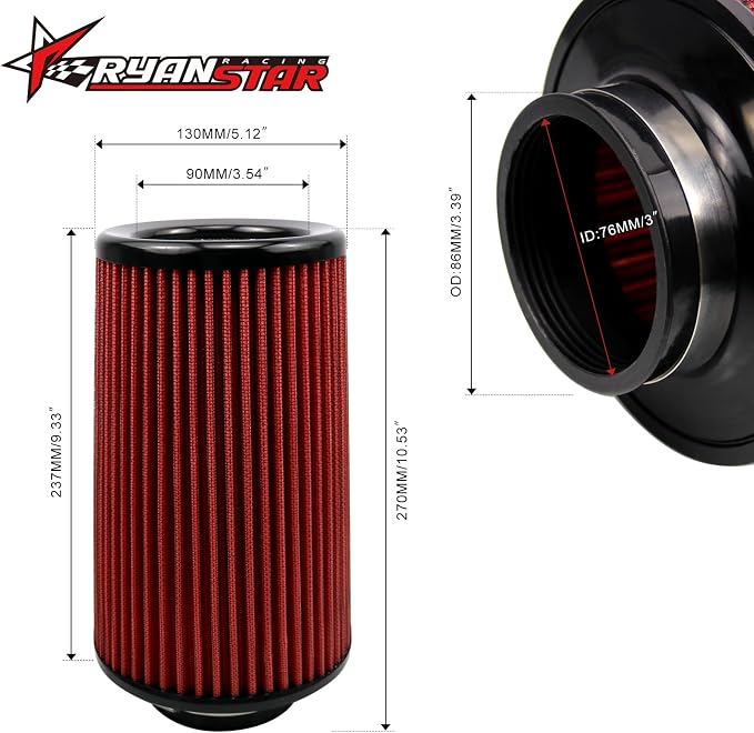 RYANSTAR RACING 76mm 3" High Flow Round Tapered Cone Cool Air Filter Cleaner
