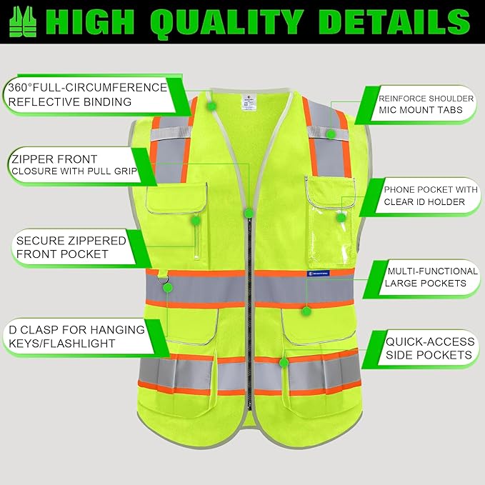 BeautyWill Custom Logo 10 Pockets Safety Vest Class2 ANSI Certified High Visibility Reflective Vest