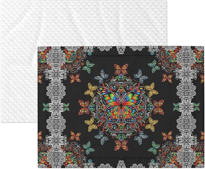 Double Sided Plush Pet Blanket with Cozy Dot Texture and Smooth Reverse, Butterflies Mandala Rainbow Art Black and White, Reversible Throw for Dogs Cats on Couches Beds Crates