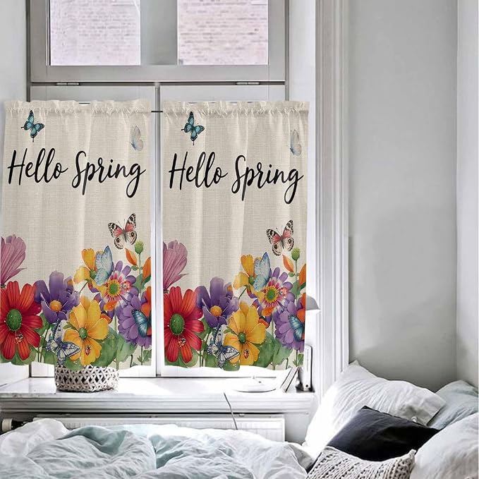 Spring Flowers Kitchen Curtains 54 Inches length, Farmhouse Vintage Country
