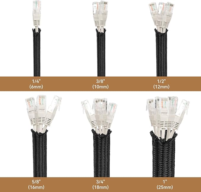 Polyamide Cable Sleeve, 10ft Flexible Expandable Braided Sleeving, Cable Management Sleeve for TV Computer Office Home Entertainment (Black, 3/4")