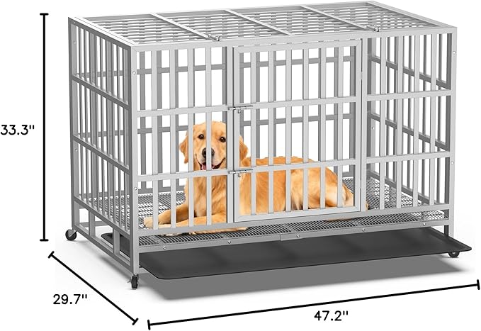 48 Inch Heavy Duty Dog Crate, Indestructible Escape-Proof Dog Kennel for High Anxiety Large Dogs, Strong Metal Pet Cage with Double Doors, Lockable Wheels & Removable Tray, XL XXL XXXL