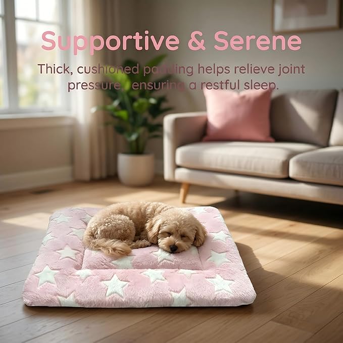 Dog Bed Mat - Reversible Dog Crate Bed Mats, Soft & Breathable Kennel Pad, Durable Crate Bed for Small Dogs & Cats (Pink&White Stars, XS(18"*14"*1.2"))