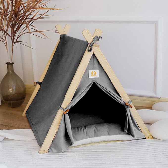 Pet Teepee Tent, Soft Large Space Portable Universal Pet Tent Bed, Cat Sleeping Bed, Cat Nest, Pet Mat beds Furniture, Pet Bed for Dogs Cats Resting Playing(Grey)
