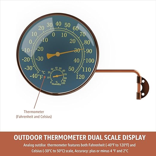 6-Inch Outdoor Thermometer and Humidity Gauge, Window Thermometer for Outside Temperature and Humidity Monitor, Brass Analog Dial, Battery-Free for Patio, Garage, Greenhouse, Garden, Wall