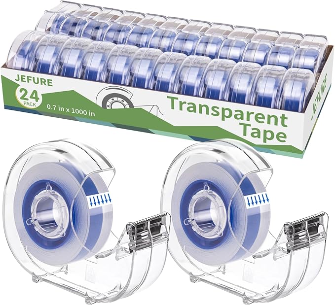 24 Pcs Transparent Tape with Dispenser, 0.7 x 1000 in Blue Core Clear Tape Rolls Bulk, Office Tape Refills for Desk, Craft, and Gift Wrapping