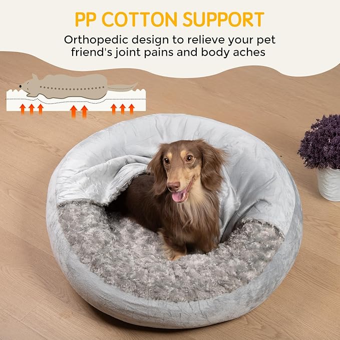 Small Dog Bed with Blanket Removable Cover Cave Washable Cat Pet Bed for Crate Toy Puppy Donut Round Pad Plush Cozy Anti-Slip Bottom Gray 23X23X7 inch